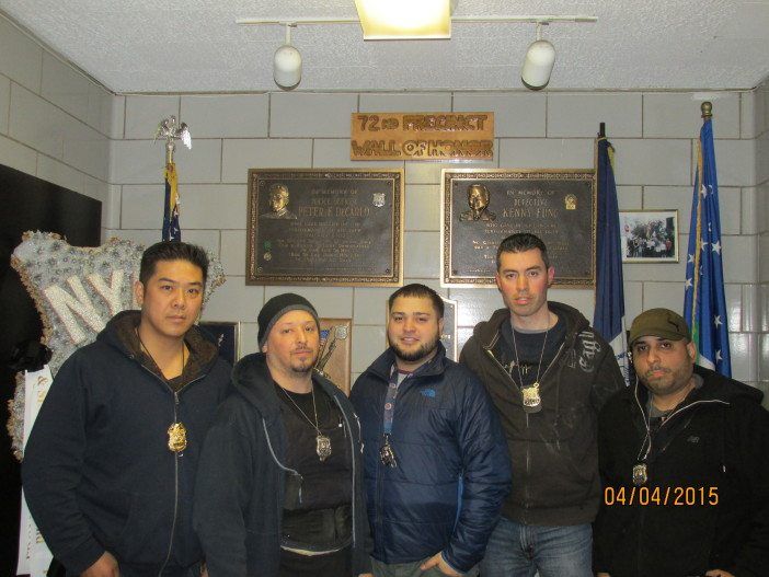 Members of the 72 Precinct's Anti-Crime team, from left: Sgt Eric Luk, PO Pedro Vallecillo, PO Ronnie Rodriguez, PO Myles Mckenna, PO Elvis Merizalde. Photo courtesy of the NYPD.