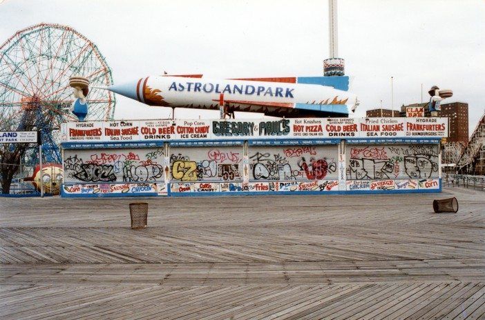 The old Astroland shuttle, perched overlooking the boardwalk. Photo by Abe Feinstein.