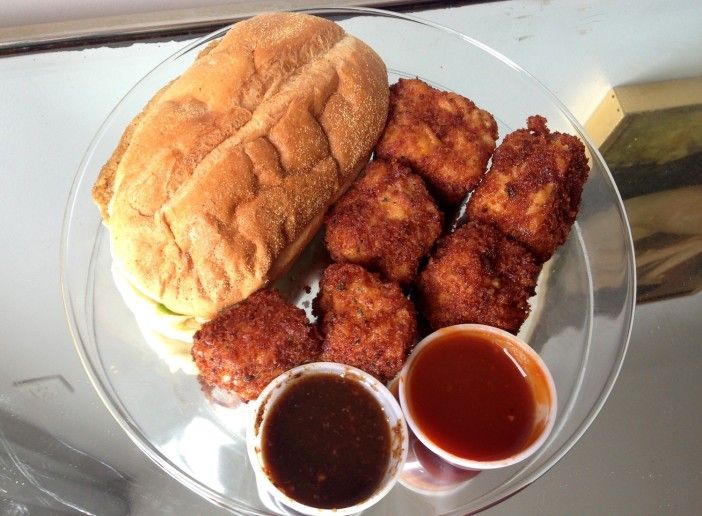 The fish po' boy sandwich with fried mac 'n cheese at Brooklyn Belly.