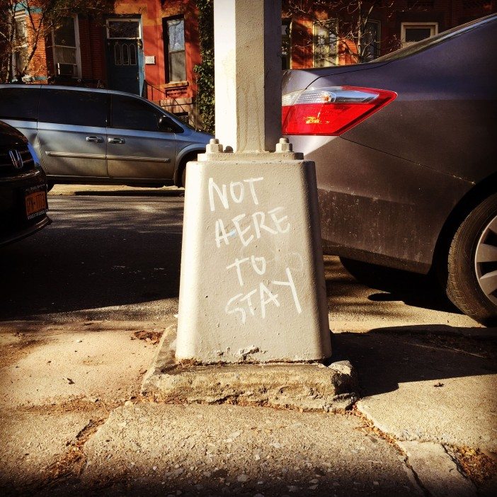 graffiti reading "not here to stay" in south slope