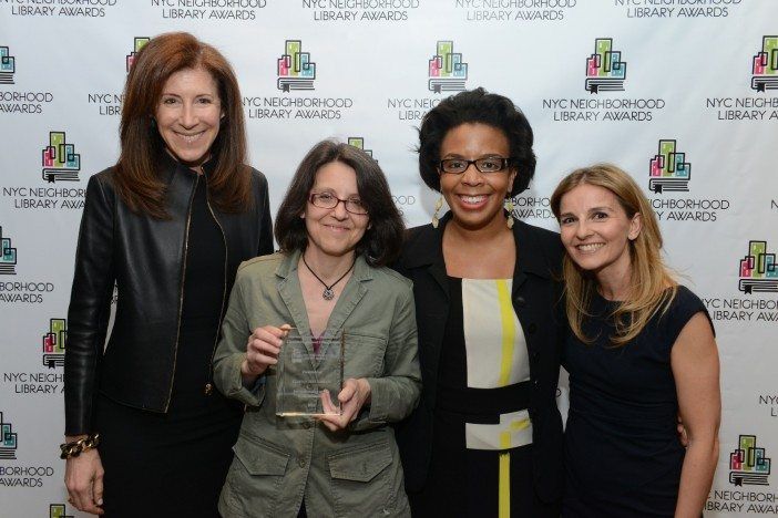 Linda Johnson, BPL President/CEO; Neighborhood Library Supervisor Tracey Mantrone of Clinton Hill Library; Councilmember Laurie A. Cumbo; Amalia Delicari, program officer at the Stavros Niarchos Foundation.