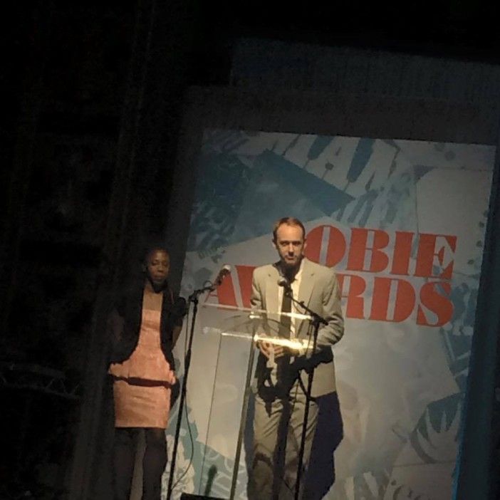 Artistic Director Alec Duffy and Business Manager Shauntee Henry accepting the award at Webster Hall on May 18, 2015. (Photo courtesy of JACK.)