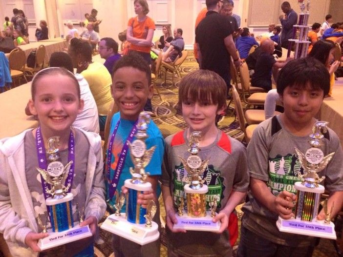 (Left to right) Aowyn Schneider, Alexander Pierre Joy, Ryan Reddish, and Emmet Duprey. Photo courtesy PS 139 Chess Ninjas