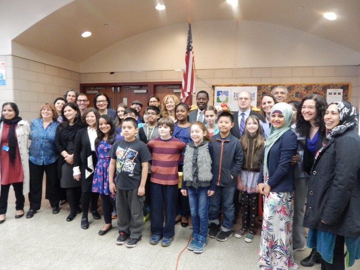 A crowd of students, parents, school officials, and elected officials gathered at PS 217 Friday to celebrate the school's new menu, which launches today.