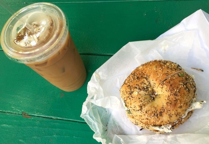 iced coffee and everything bagel from bagel pub in park slope