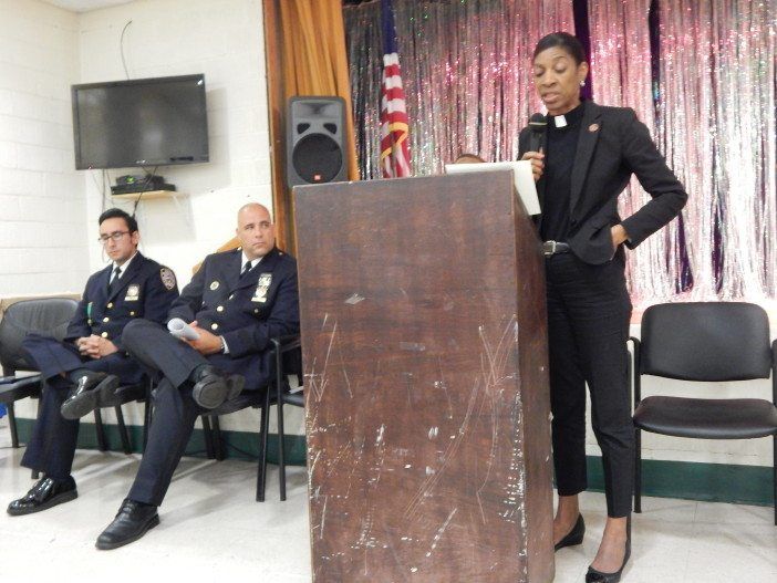 Rev. Donna Baptiste praised officers from the 70th Precinct for their work in deterring drug running on E. 18th Street.