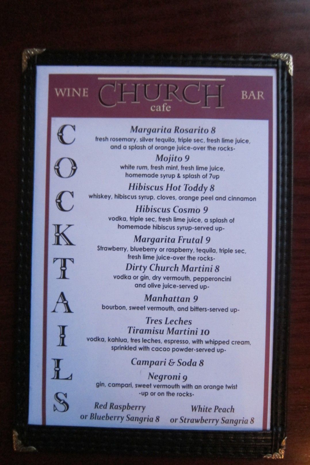 Church Bar menu