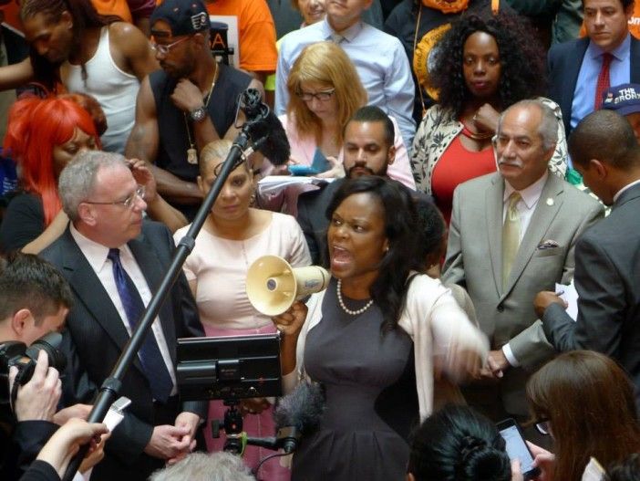 Assemblywoman Rodneyse Bichotte speaks at Tuesday's rally in Albany for stronger rent laws. Photo via the Flatbush Tenant Coalition 