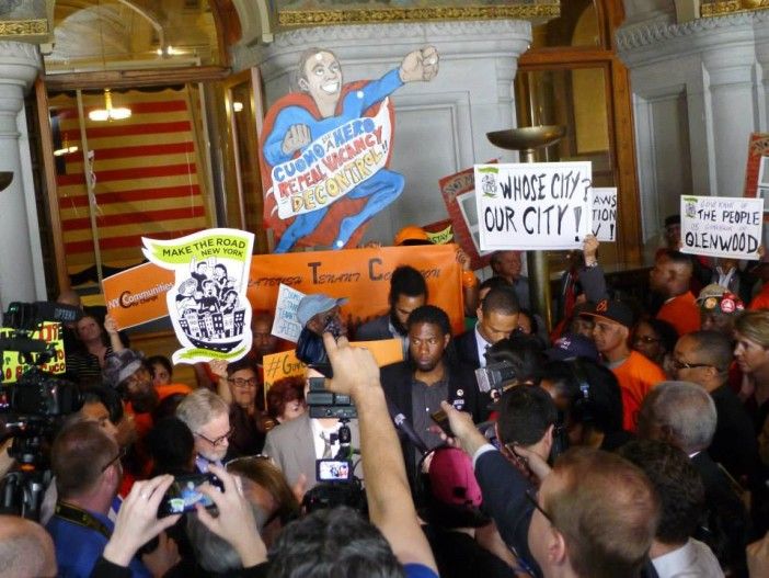 Hundreds of people rallied at Gov. Andrew Cuomo's office in Albany. Photo via the Flatbush Tenant Coalition