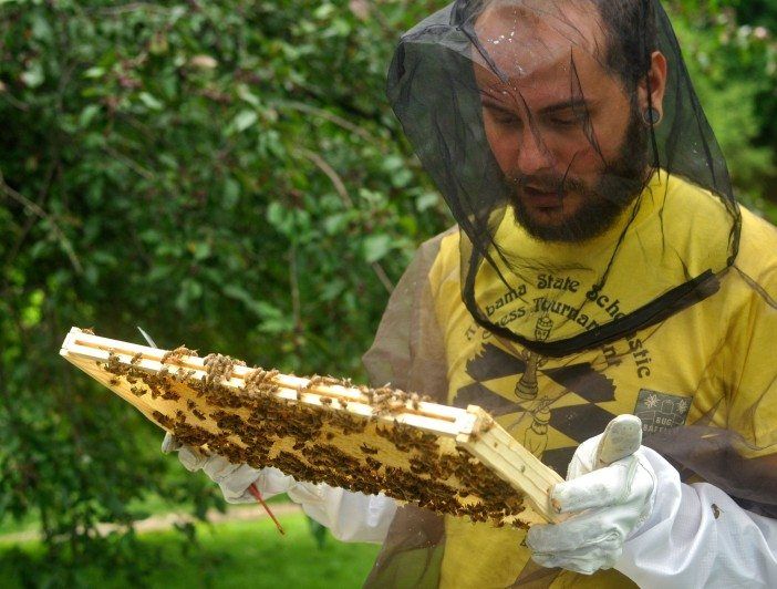 Davin Larson, Green-Wood Cemetery's beekeeper (Photo by Mary Bakija / South Slope News)