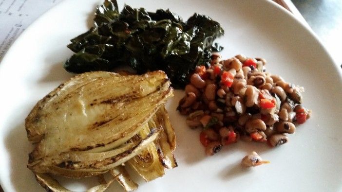 A chef's selection of Alice's Arbor's vegetables: spicy kale, black eyed peas, and braised artichoke heart. (Photo by Fort Greene Focus)