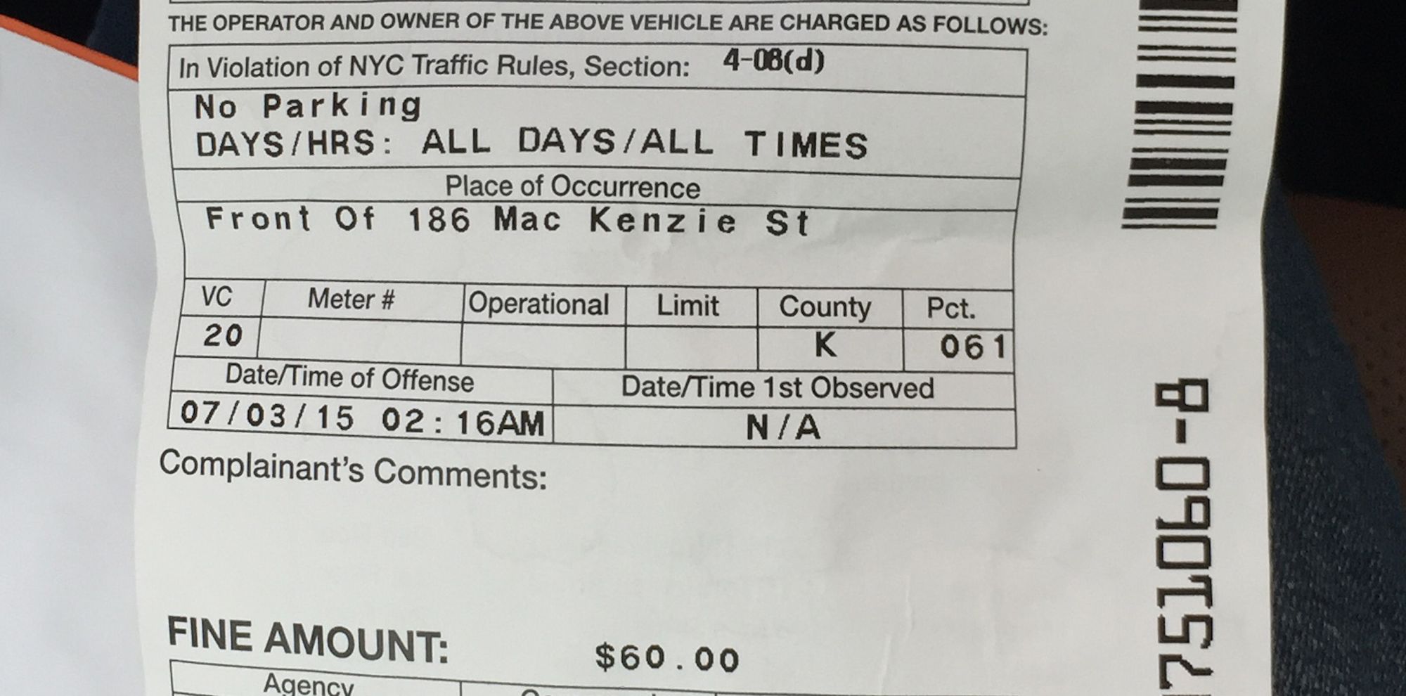 Parking ticket issued in Manhattan Beach on July 3