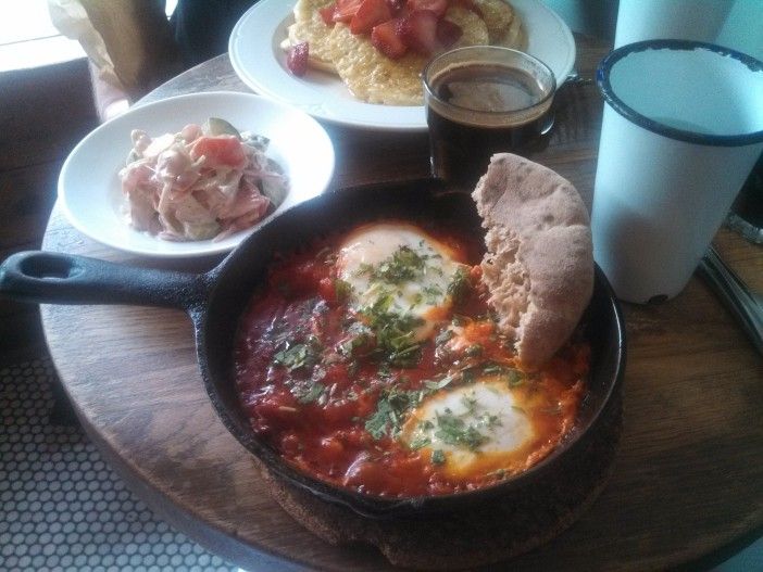 The shakshuka mergeuz and Moroccan pancakes. Photo by Ditmas Park Corner