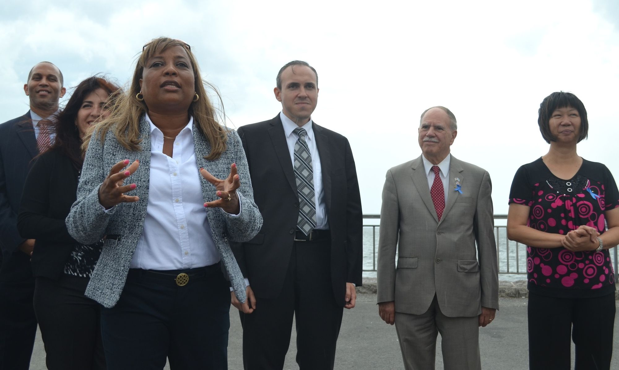 Pamela Harris speaking with her endorsers. From left to right: Congressman Hakeem Jeffries, State Senator Diane Savino, City Councilman Mark Treyger, Assemblyman William Colton, and Democratic Leader for the 47th Assembly District Nancy Tong. 