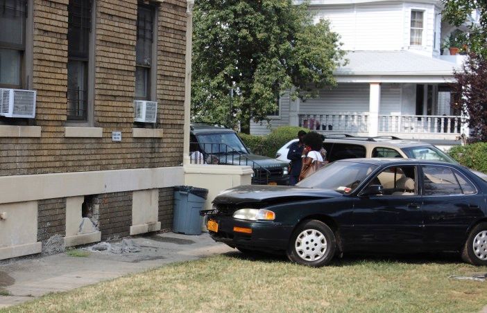 A driver ran a car into 1525 Dorchester Road (Photo by Shannon Geis/Ditmas Park Corner)