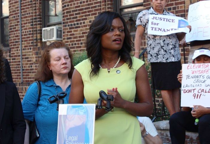 Assembly Member Rodneyse Bichotte speaks in support of tenants, 2015. (Photo by Shannon Geis/Ditmas Park Corner)