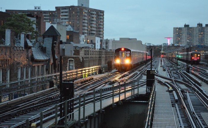 The B Train entering the Brighton Beach Station.