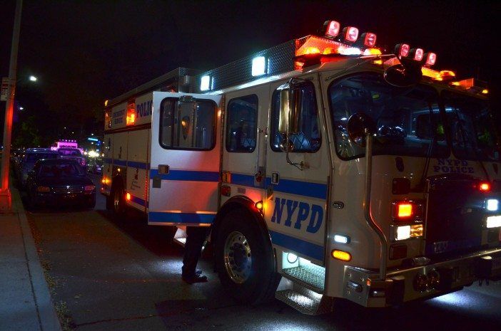 A truck from the NYPD's Emergency Service Unit parked outside 3000 Ocean Parkway. (Photo: Alex Ellefson / Sheepshead Bites)