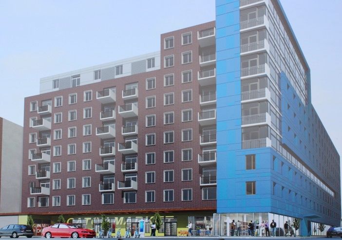 A rendering of the proposed mixed-use affordable housing project at the Flatbush Caton Market site. (Photo by Shannon Geis / Ditmas Park Corner)