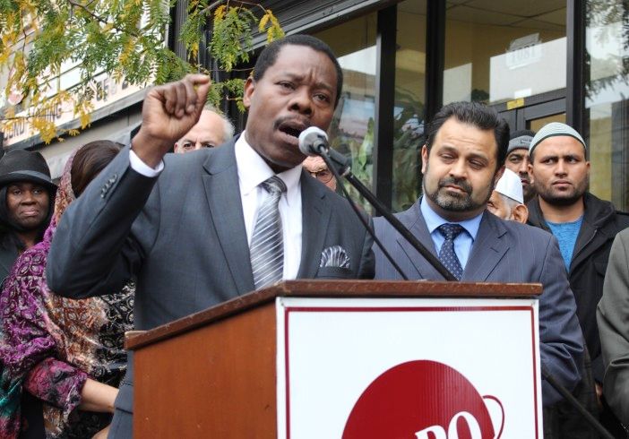 Mathieu Eugene speaking in support of the Pakistani community. (Photo by Shannon Geis / Ditmas Park Corner) 
