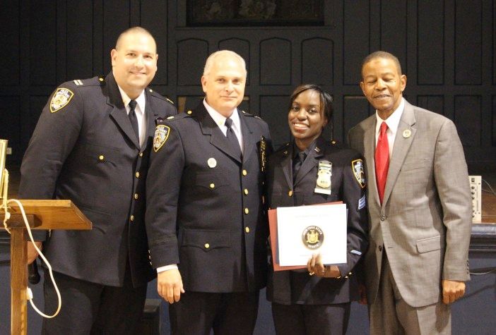 New Executive Officer Captain James King, Commanding Officer Captain Richard DiBlasio, Sergeant Grant, and Community Council President Ed Powell. (Photo by Shannon Geis/Ditmas Park Corner) 