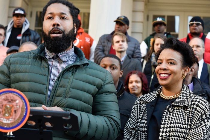 Eric Cumberbatch of the Mayor's Office of Criminal Justice and Councilmember Laurie Cumbo speak against gun violence. (Photo by George Goss/Fort Greene Focus)