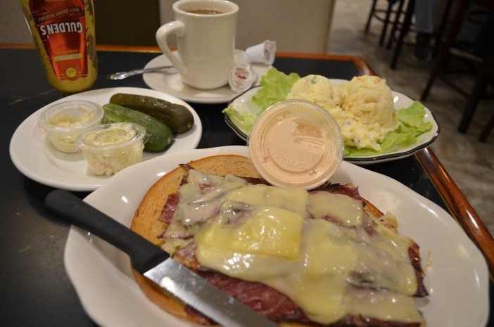 Pastrami Reuben sandwich, potato salad and coffee at Three Stars Restaurant. (Photo: Alex Ellefson / Sheepshead Bites)