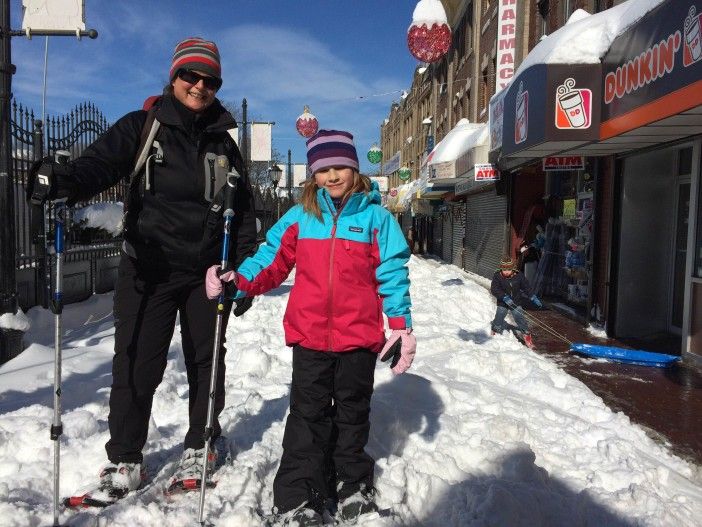 Some neighbors fully equipped and scaling the heights of Newkirk Plaza this Sunday. By Richard Crawford