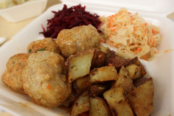 Meatballs, potatoes, beet salad, sauerkraut. (Photo by Shannon Geis/Ditmas Park Corner)