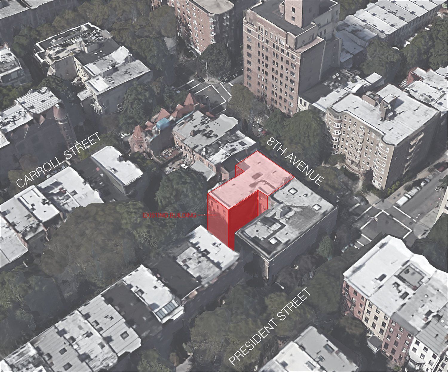 Aerial showing existing conditions at 105 8th Avenue. (Source: YIMBY)