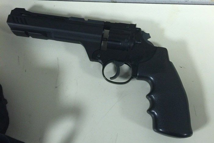 The Crossman Vigilante BB gun allegedly used in the robbery. (Photo provided by the NYPD)