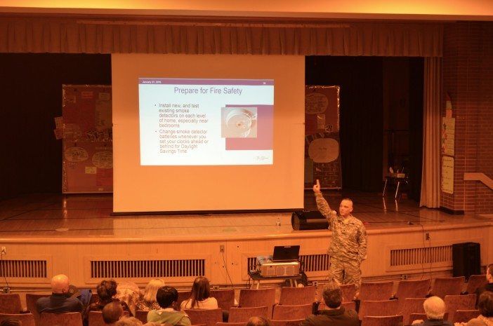 Sergeant Gaspar Teri speaking at PS 195 in Manhattan Beach. (Photo: Alex Ellefson / Sheepshead Bites)