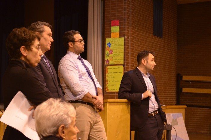 Manhattan Beach Community Group member Shari Kaplan, left, standing next to officials from the Mayor's Office of Recovery and Resiliency and the Department of Environmental Protection. (Photo: Alex Ellefson / Sheepshead Bites)