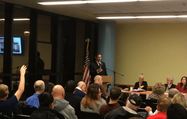 City Councilman Chaim Deutsch speaking to Community Board 15. (Photo: NHSatSheepshead / Twitter)