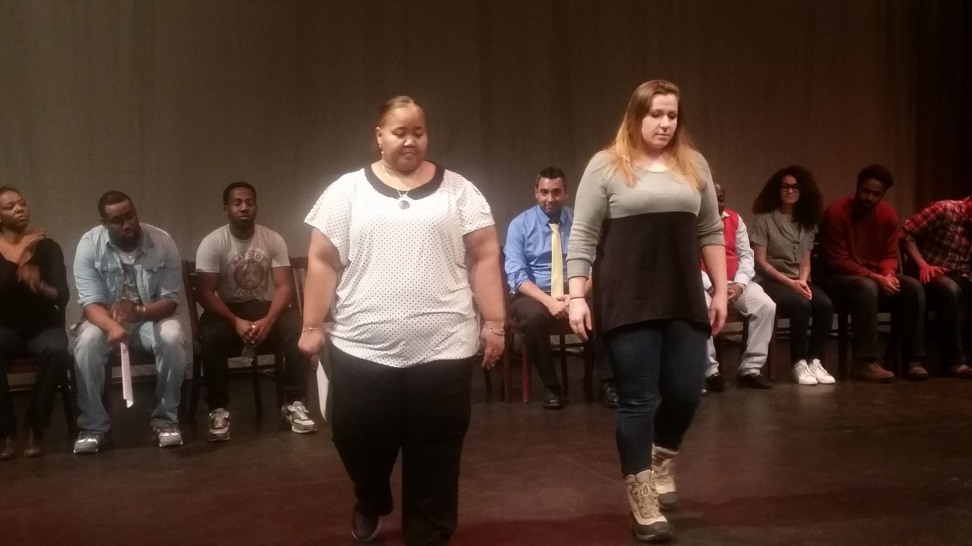 Fort Greene mom and former corrections officer Sikkim Assing and 88th Precinct Police Officer Helen Tazes during a theatre exercise. (Photo by Heather Chin/Fort Greene Focus)