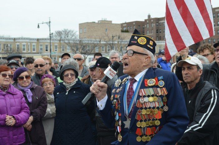 Leonid Rozenberg, president of the American Association of Invalids and Veterans of World War II, speaking a Sunday's Rally. (Photo: Alex Ellefson / Sheepshead Bites)