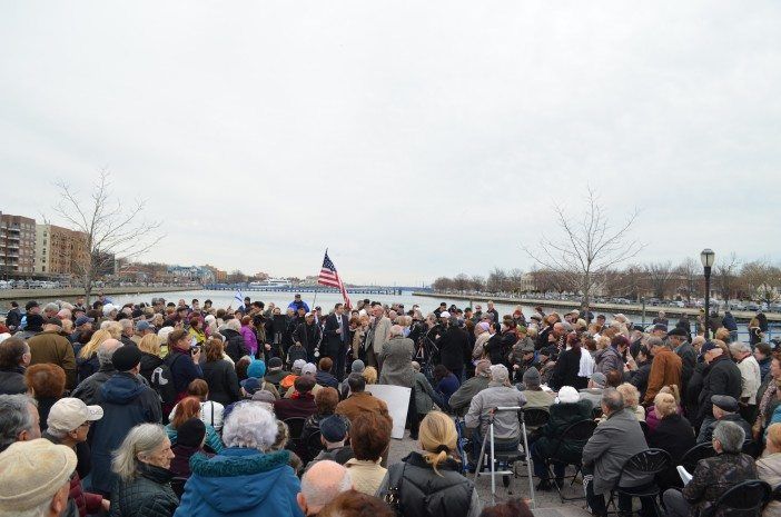 Hundreds gathered at the Holocaust Memorial Park on Shore Boulevard Sunday. (Photo: Alex Ellefson / Sheepshead Bites)