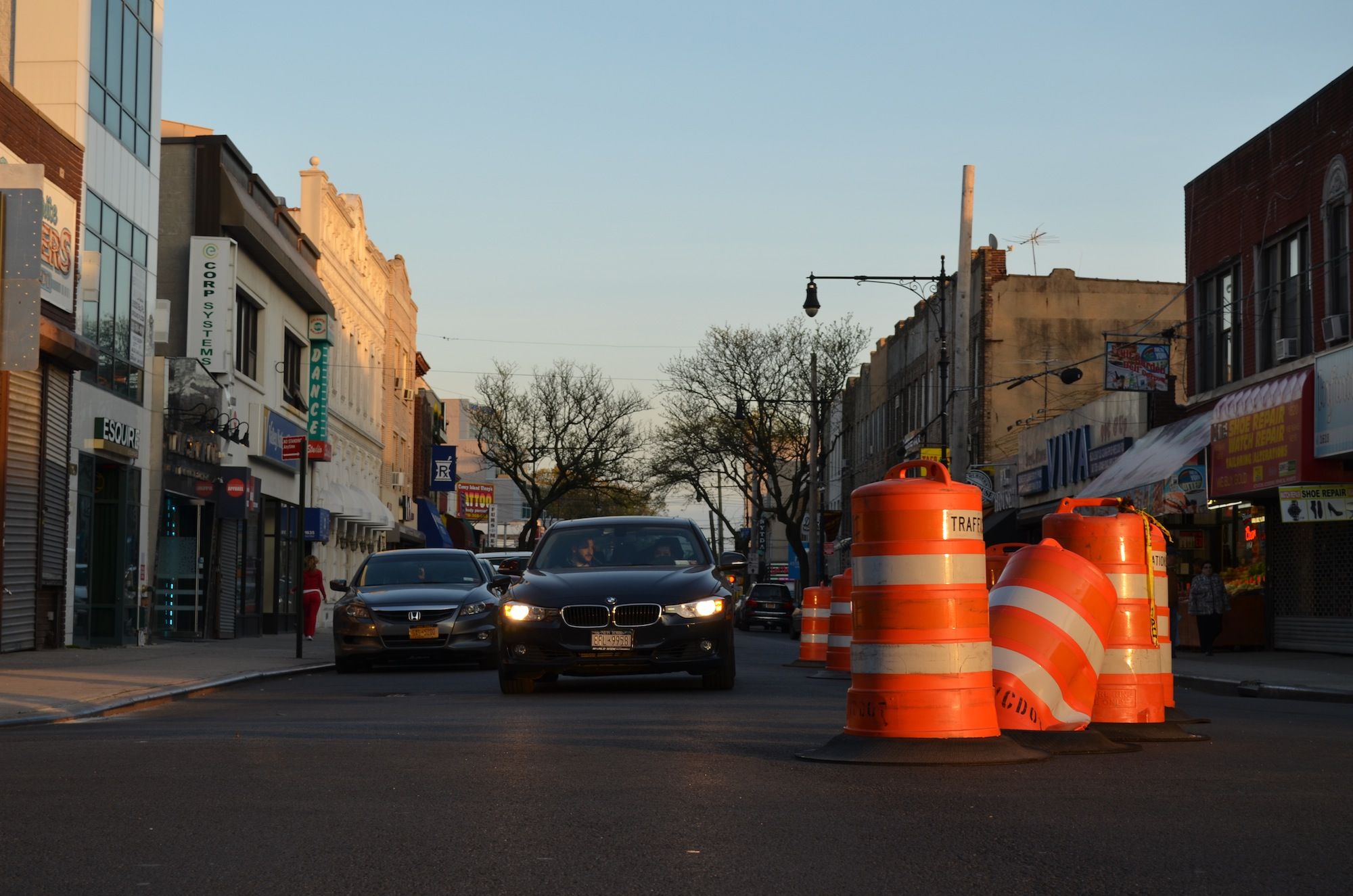 Traffic cones at the intersection with Jerome Avenue prevent cars from heading west on Sheepshead Bay Road. (Photo: Alex Ellefson / Sheepshead Bay Road)