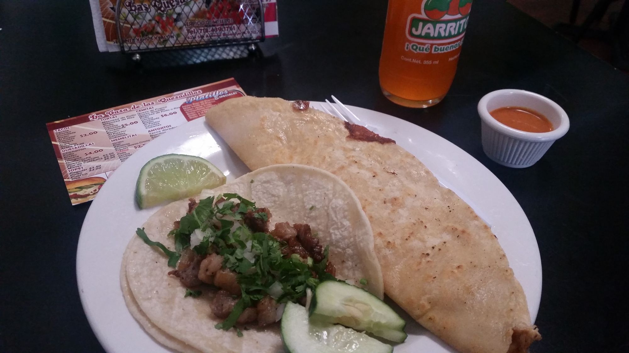 Affordable and delicious: the steak taco and chicken quesadilla at La Casa de las Quesadillas. (Photo by Heather Chin/Sunset Park Voice)