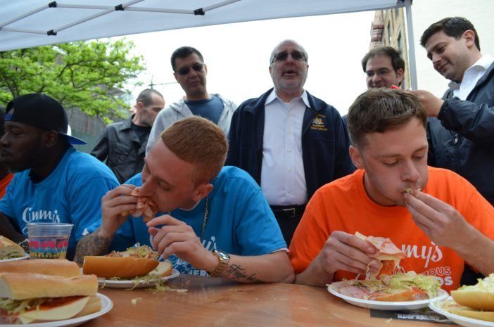 Assemblyman Steven Cymbrowitz looks on during Jimmy's Famous Famous Heros sandwich eating contest. (Photo: Alex Ellefson / Sheepshead Bites)