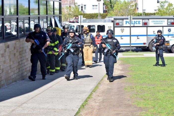 First responders participating in a counterterrorism drill at Leon M. Goldstein High School. (Photo provided by the NYPD)