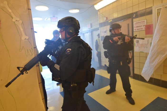 Special Operations Officers at the counterterrorism drill at Leon M. Goldstein High School. (Photo provided by the NYPD)