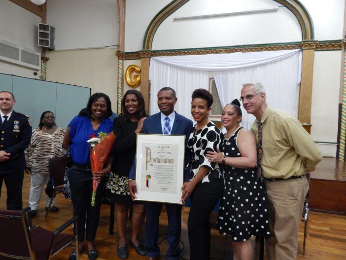 l. to r., Officer Sargent, Public Advocate James, Brathwaite, Council Member Cumbo, 88th Precinct Council President Delia M. Hunley-Adossa, 88th Precinct Council Vice President John Harrison