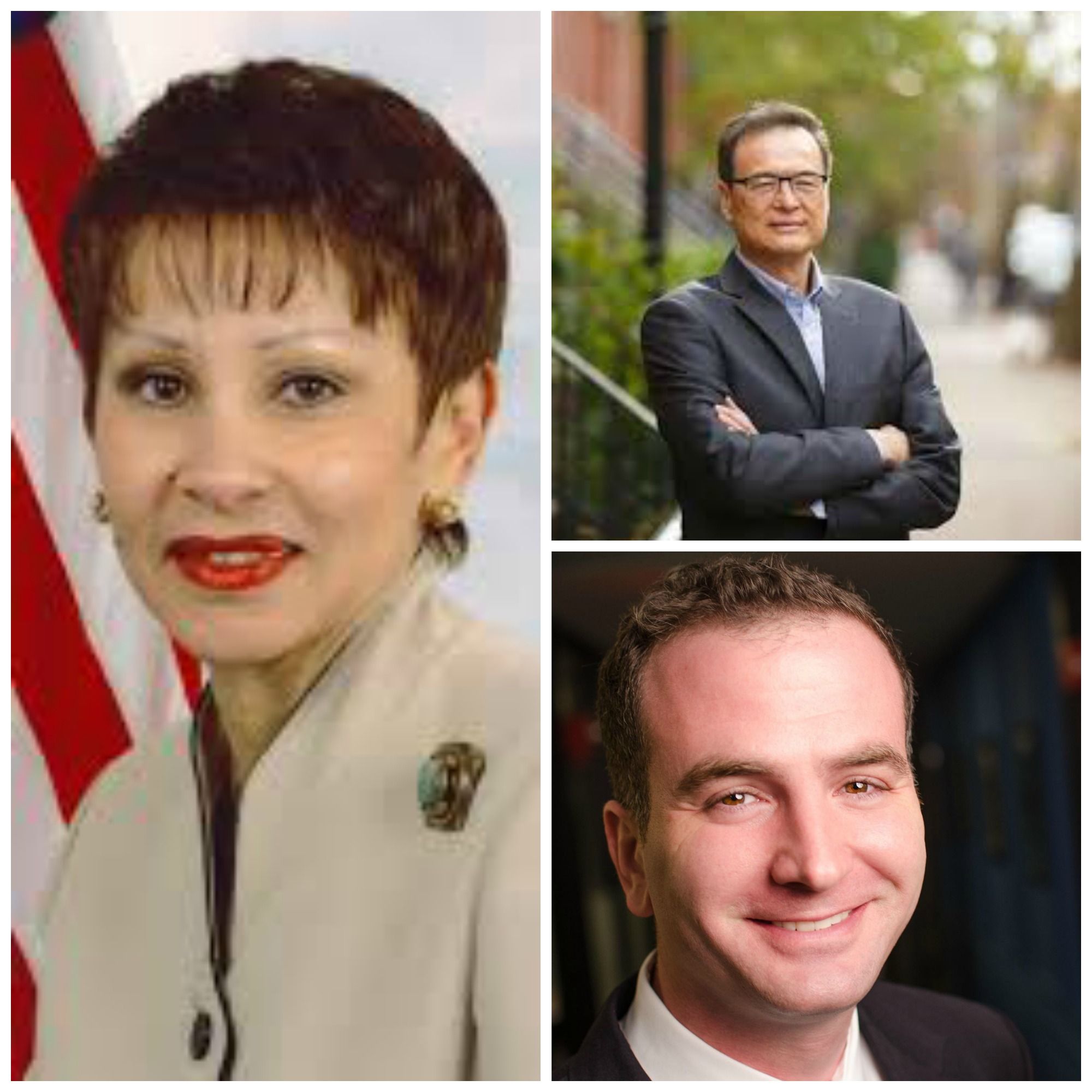 The candidates for Congressional District 7. Nydia Velazquez on the left. Yungman Lee on the top right, and Jeff Kurzon on the bottom right.