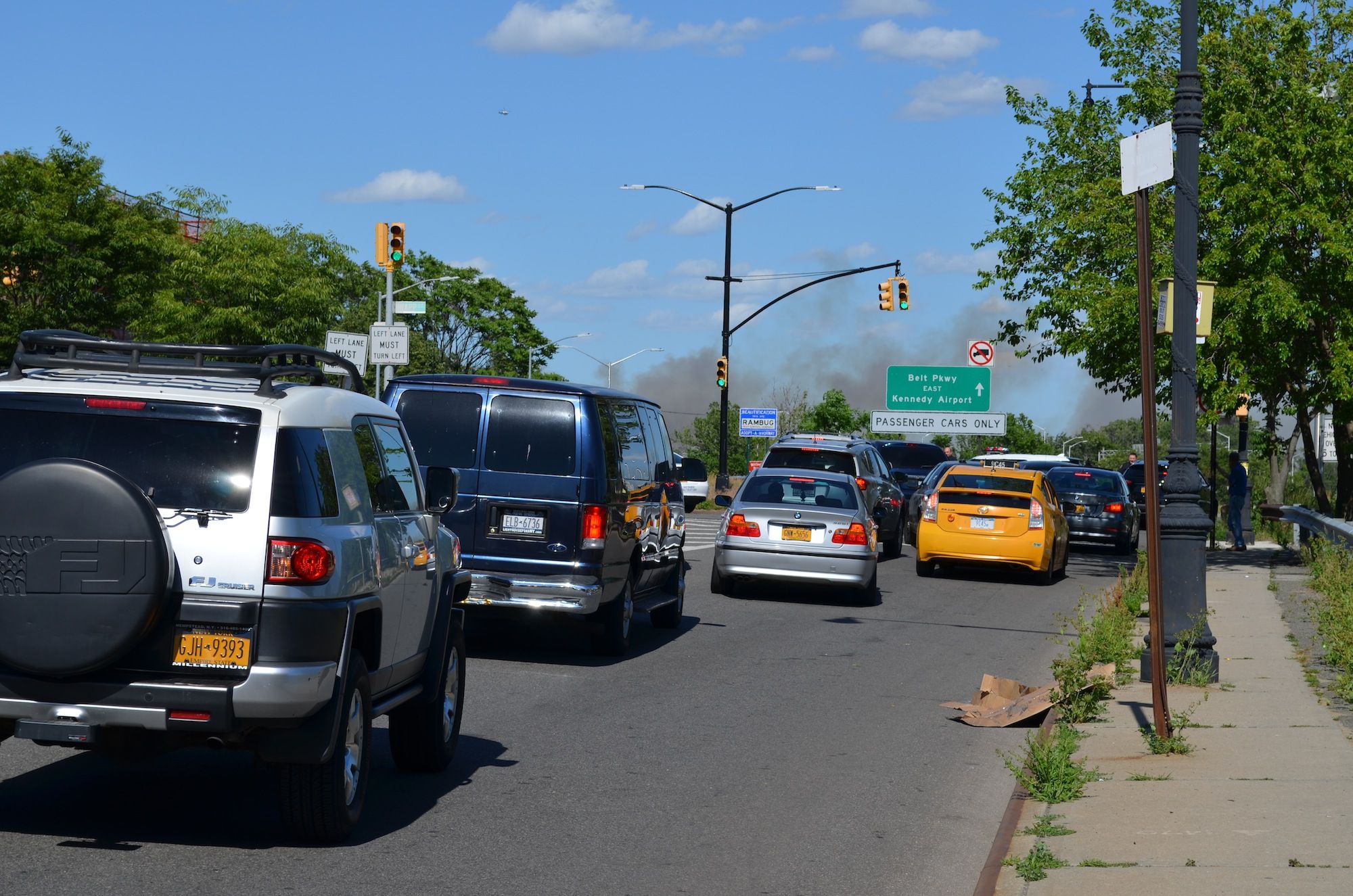 Firefighters being turned away from the Belt Parkway at Knapp Street. (Photo: Alex Ellefson / Sheepshead Bites)