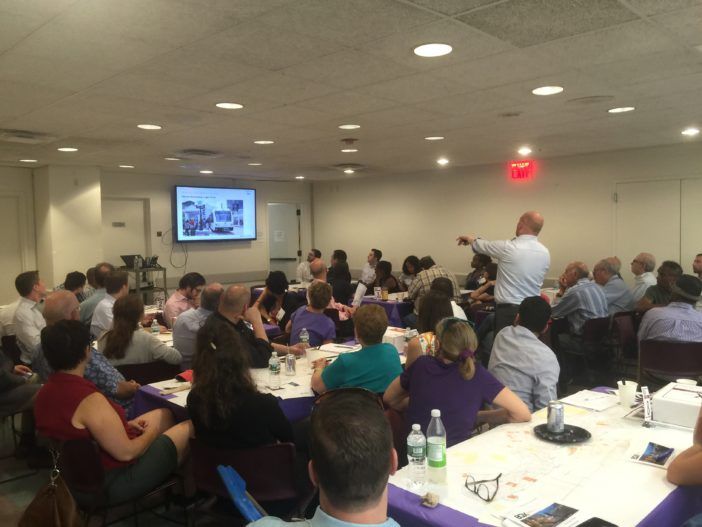 Lydon Sleeper presenting to the 120+ people in attendance. (Courtesy Fort Greene Focus/Justin Fox)