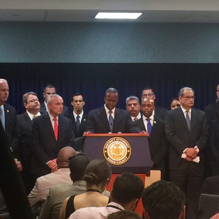 District Attorney Thompson and Commissioner Bratton announcing the indictment. (Courtesy Fort Greene Focus/Justin Fox)