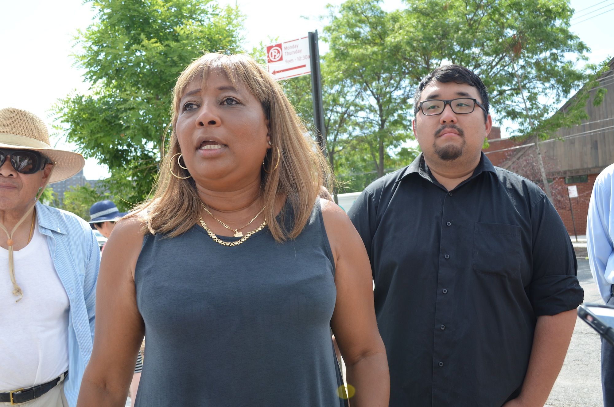 Assemblywoman Pamela Harris speaking with reporters at Kaiser Park. (Photo: Alex Ellefson / Sheepshead Bites)