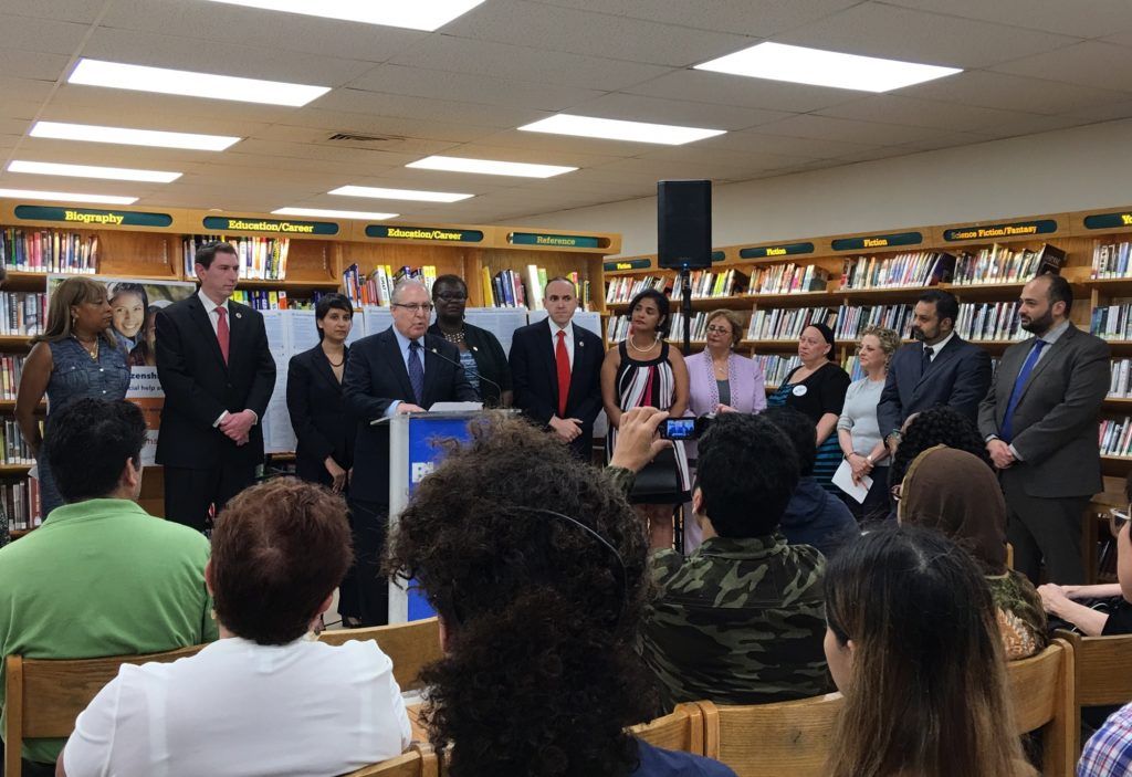 City announces voter registration forms in five new languages at Hillcrest Library in Brooklyn. (Courtesy: Mayor Bill de Blasio’s Office)