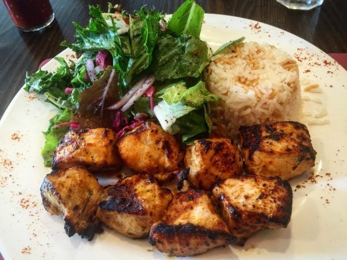The chicken shish kebab entree at Deniz is only a menace to those with tiny appetites. (Courtesy Fort Greene Focus/Justin Fox)